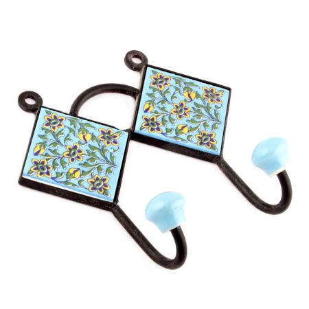 Turquoise And Navy Blue Flower Ceramic Tiles Hooks